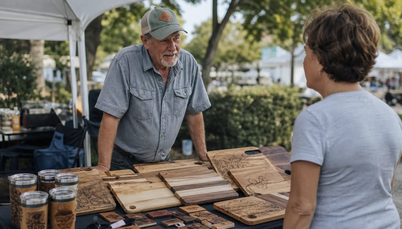 A craft fair table stacked with engraved cutting boards, leather patches, and tumblers, with a customer picking one up while the maker stands behind the table.