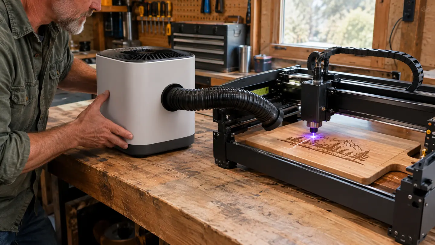 A man in his late fifties positioning a desktop smoke purifier beside a laser engraver cutting a wooden cutting board on a garage workbench