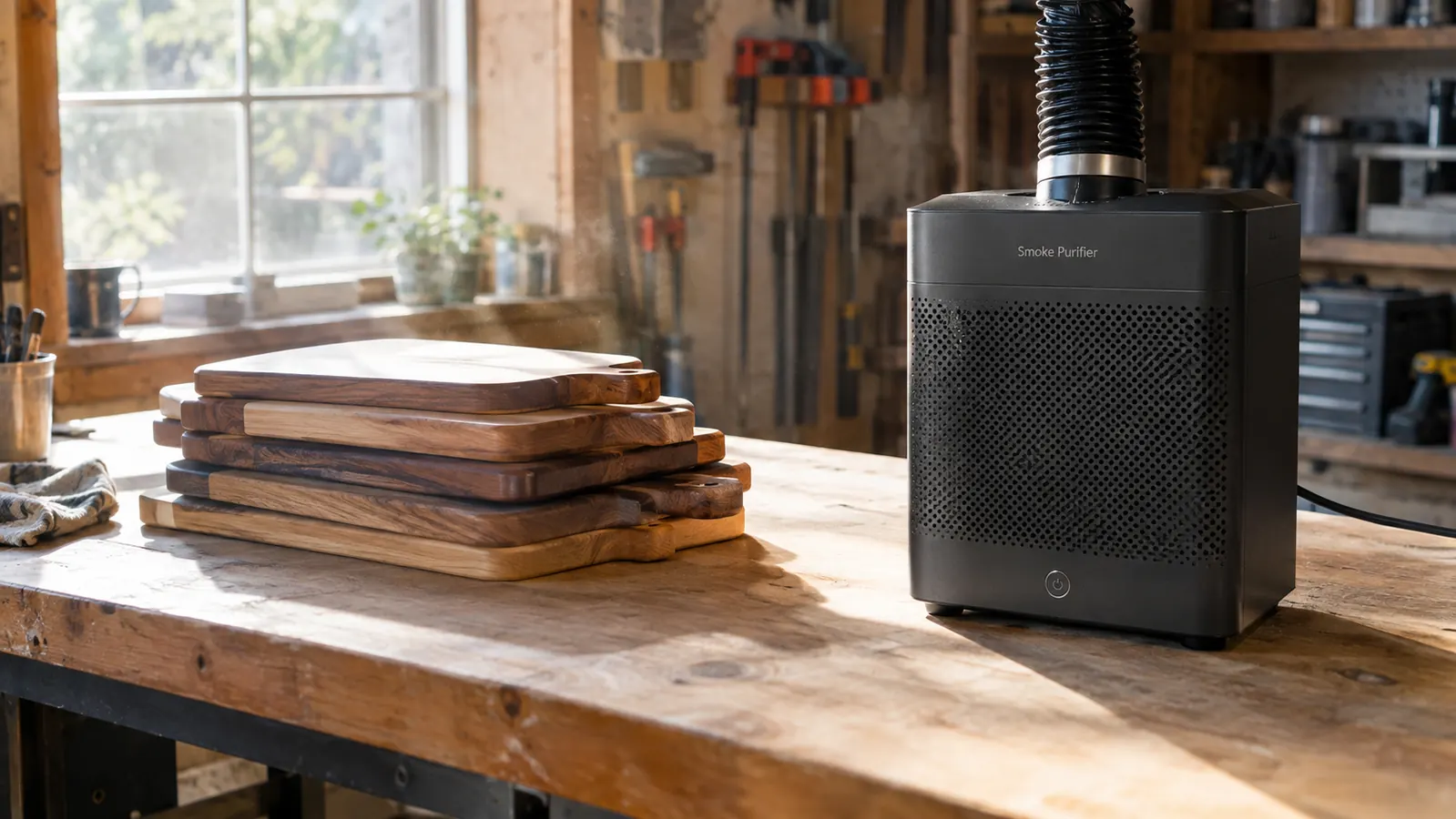 A garage workbench with a desktop smoke purifier in place beside a stack of finished wooden cutting boards, morning light through the window