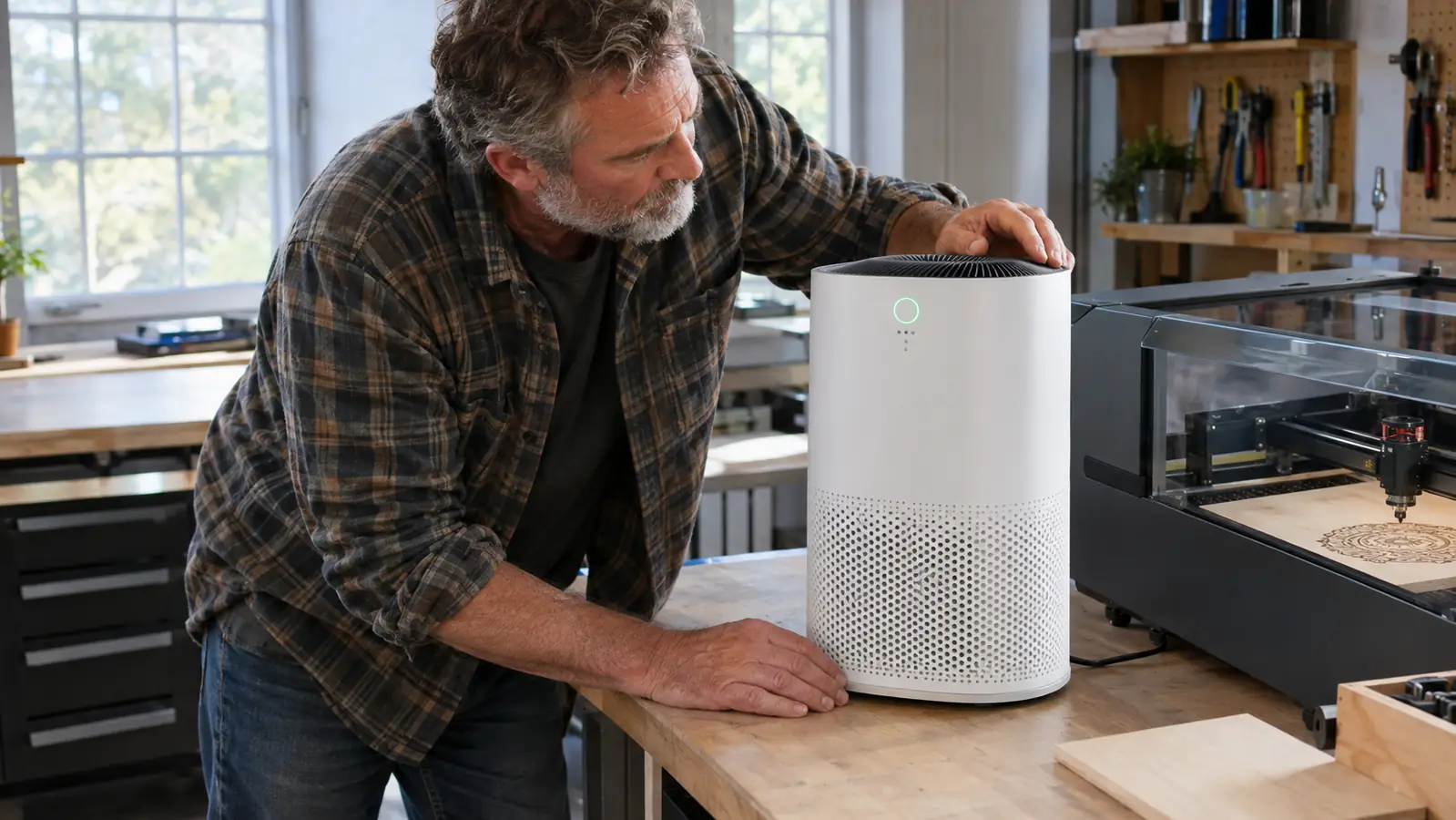 A man in his late fifties checking the filter indicator on a desktop smoke purifier next to a laser engraver