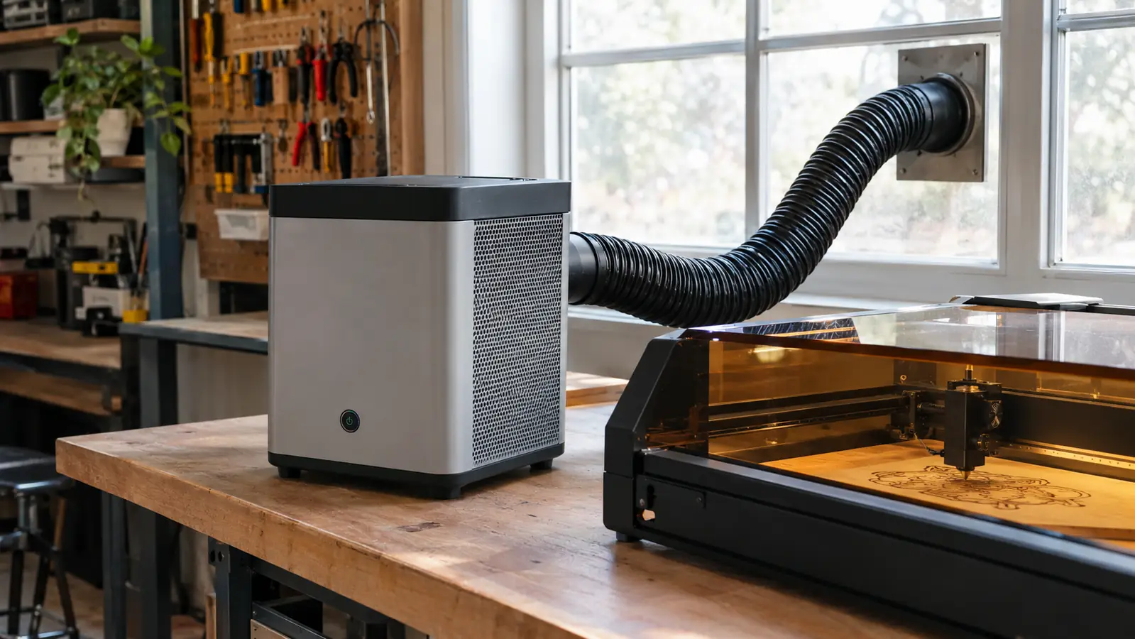 A smoke purifier on a workbench with a laser engraver, a window with a vent hose behind it
