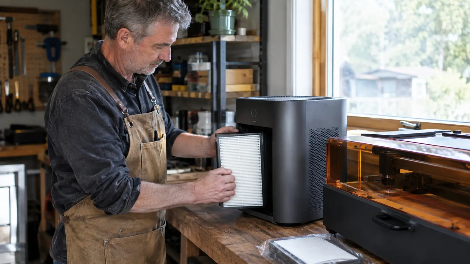 A man in his late fifties sliding a replacement filter into a desktop smoke purifier in a garage workshop