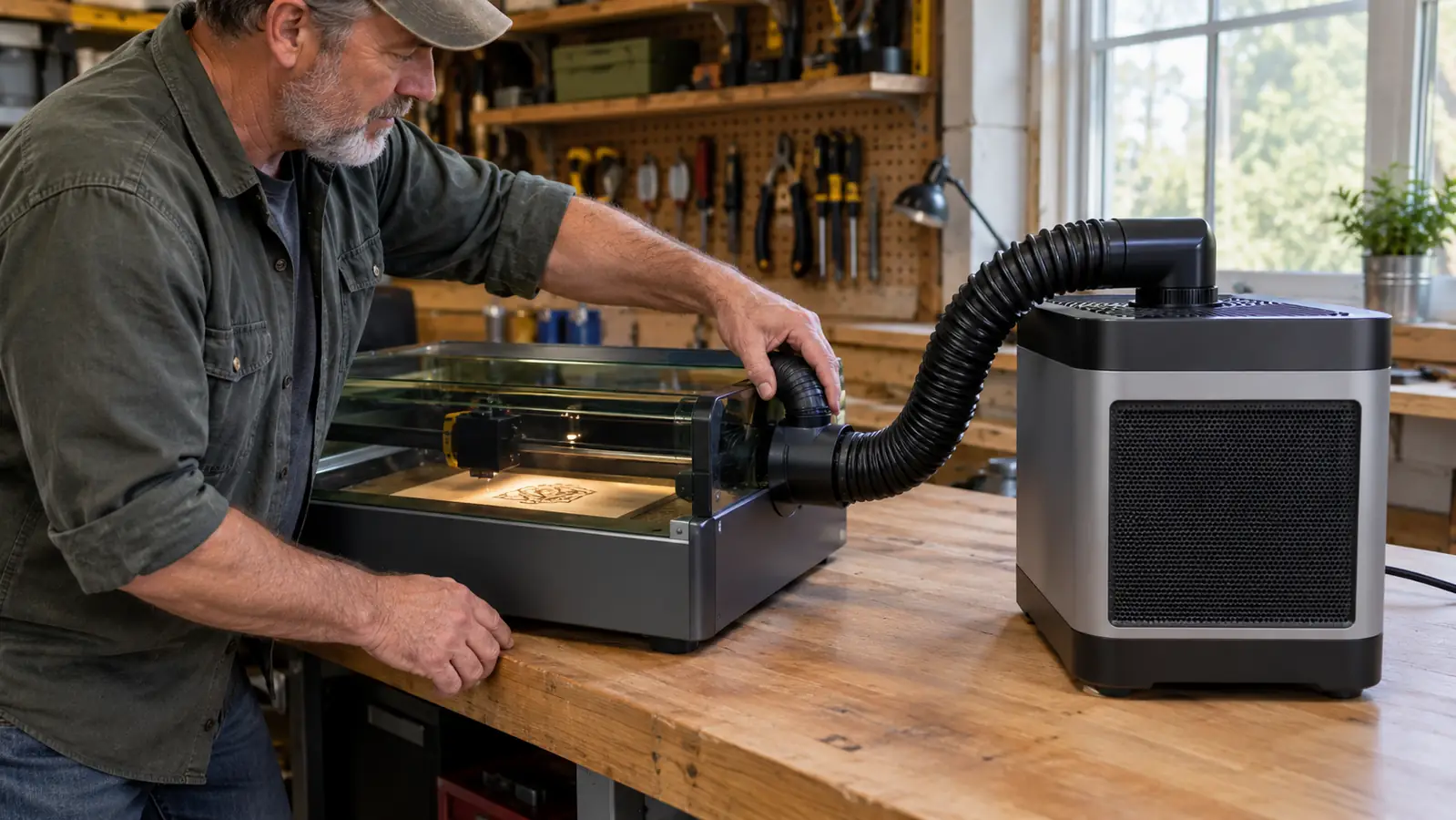 A desktop smoke purifier connected by hose to a laser engraver on a workbench