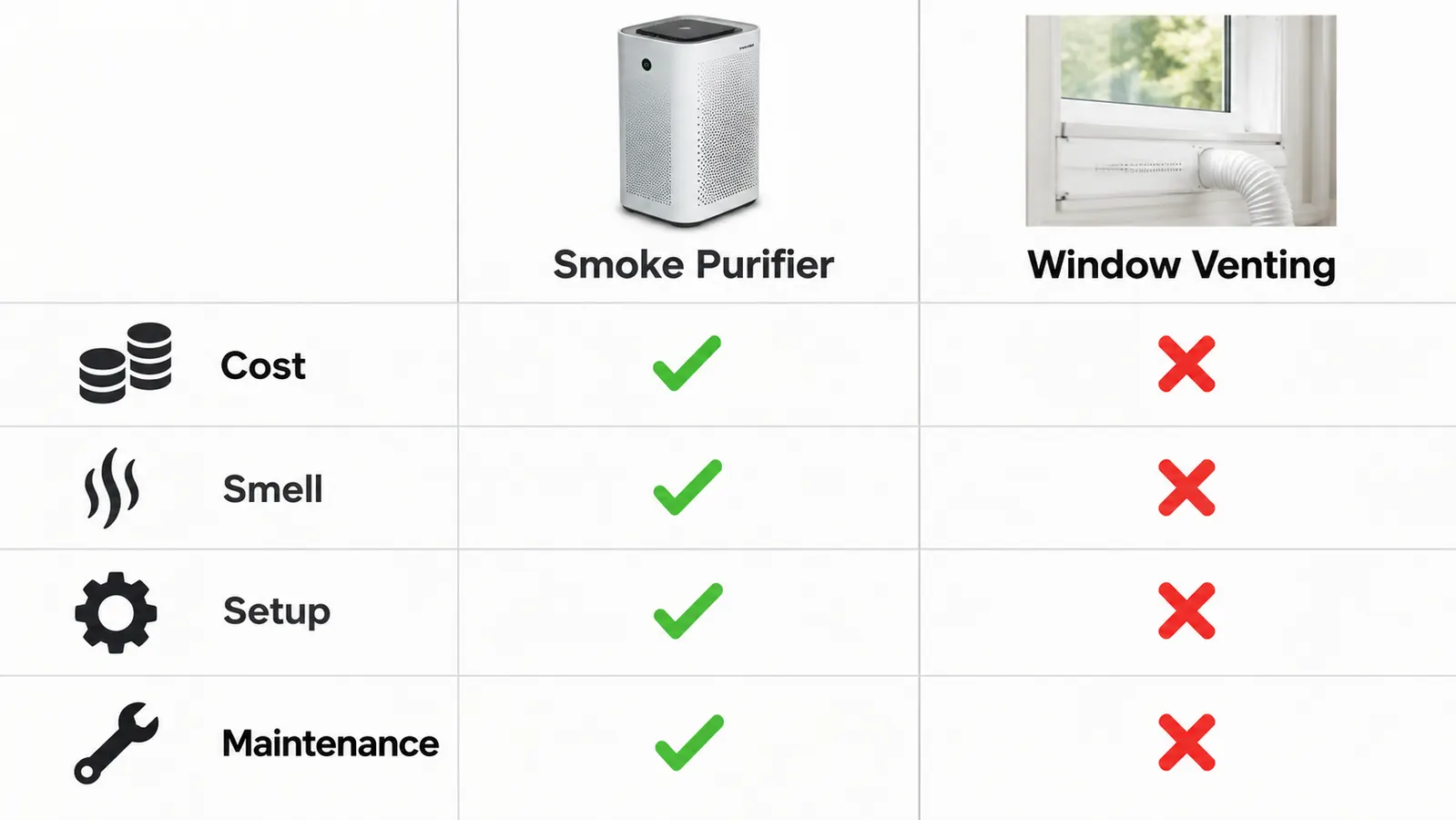 A simple chart comparing a smoke purifier and window venting across cost, smell, setup and maintenance